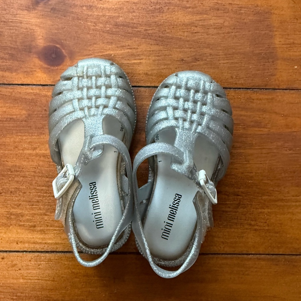 Mini Melissa Jelly Sandals – Size 7 Toddler – Silver Sparkle – Good Condition